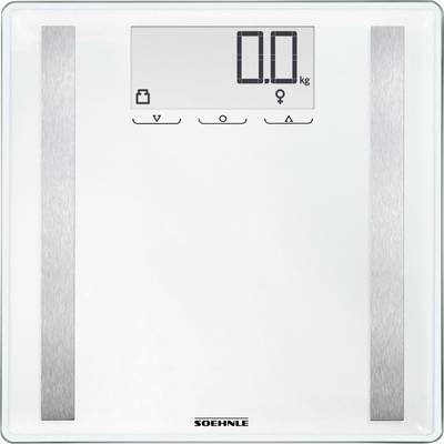 Balance de cuisine numérique Soehnle avec grand écran, affichant 0,0 kg. Surface blanche avec deux bandes argentées sur les côtés.
