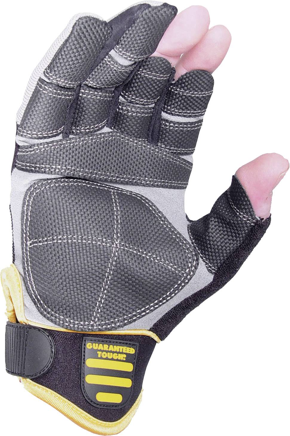 Un gant de travail avec des paumes rembourrées et des doigts élastiques. Deux bandes jaunes portant l'inscription 'GUARANTEED TOUGH' sont visibles au niveau du poignet.