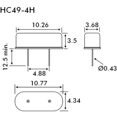 Dessin technique d'un oscillateur à cristal HC49-4H avec dimensions : Longueur 10,26 mm, Largeur 4,88 mm, Hauteur 12,5 mm. Écartement des broches 10,77 mm.