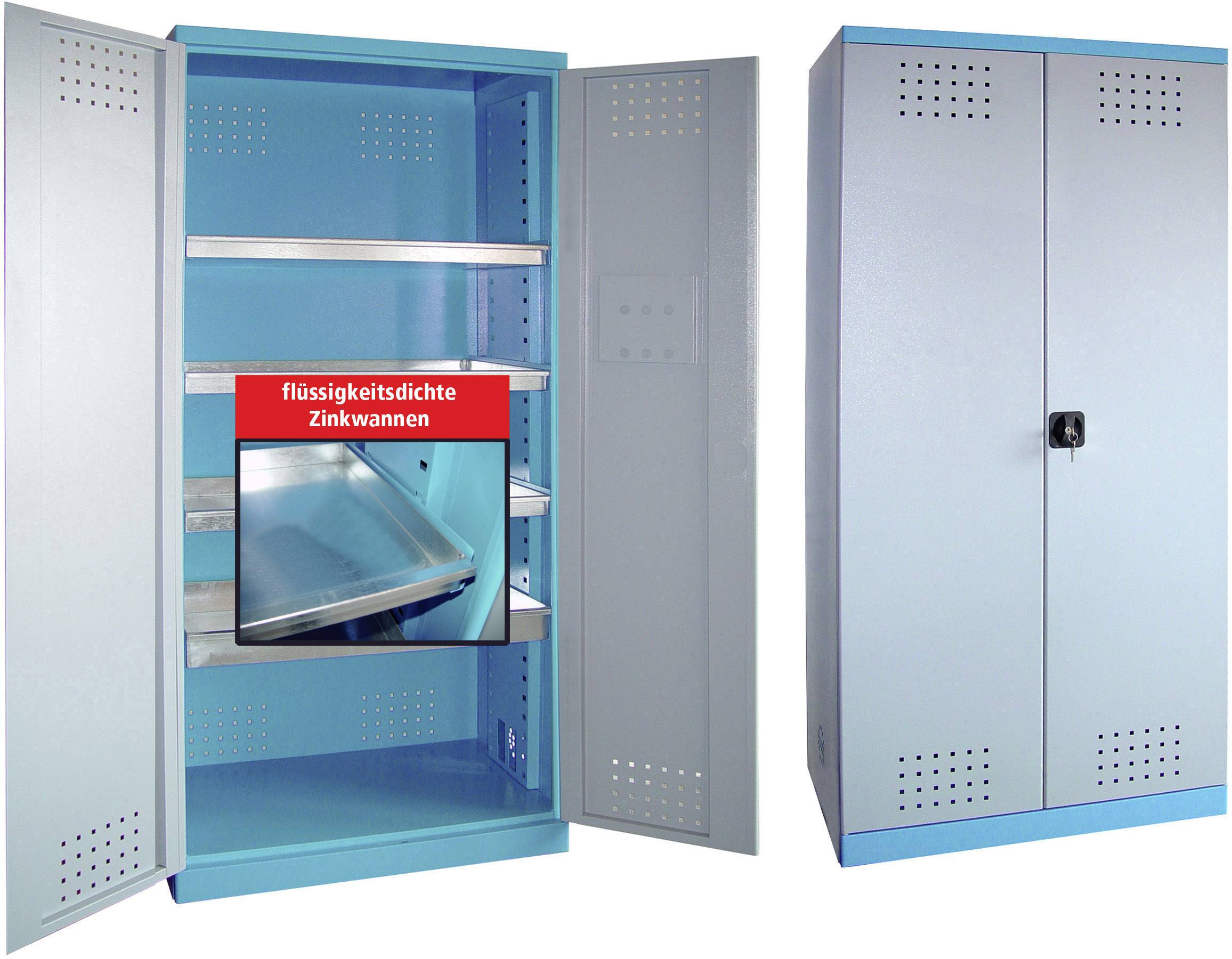 Deux armoires métalliques bleues avec des fentes de ventilation ; l'une ouverte avec des étagères et une pancarte indiquant 'bac de rétention étanche aux liquides'.