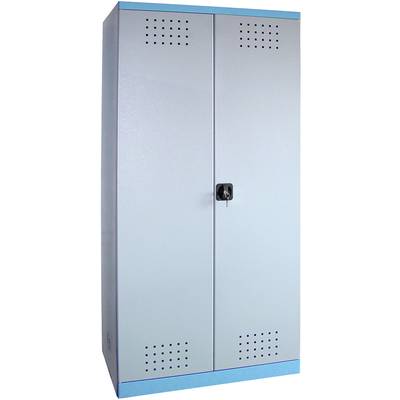 Armoire métallique avec portes verrouillables et fentes de ventilation, adaptée au rangement dans les ateliers ou les vestiaires.