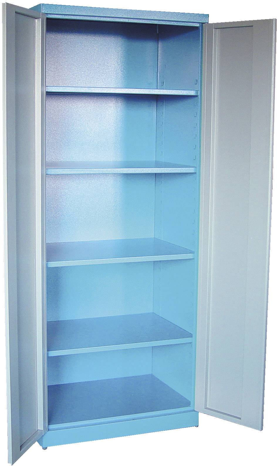 Une armoire métallique bleue vide et ouverte avec cinq étagères, adaptée au rangement des outils ou des matériaux.