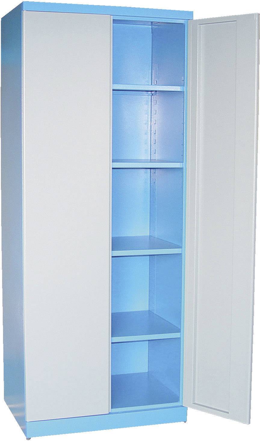 Un armoire métallique bleu et blanc avec cinq étagères ouvertes, une porte ouverte révélant l'intérieur.