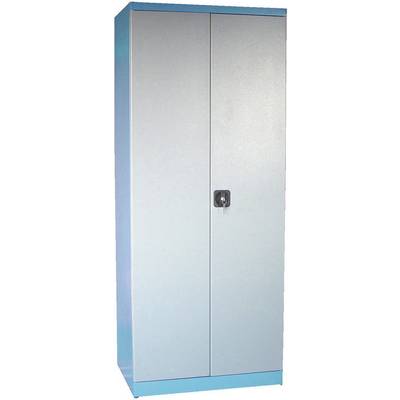 Un grand placard métallique bleu avec deux portes et une serrure centrale.