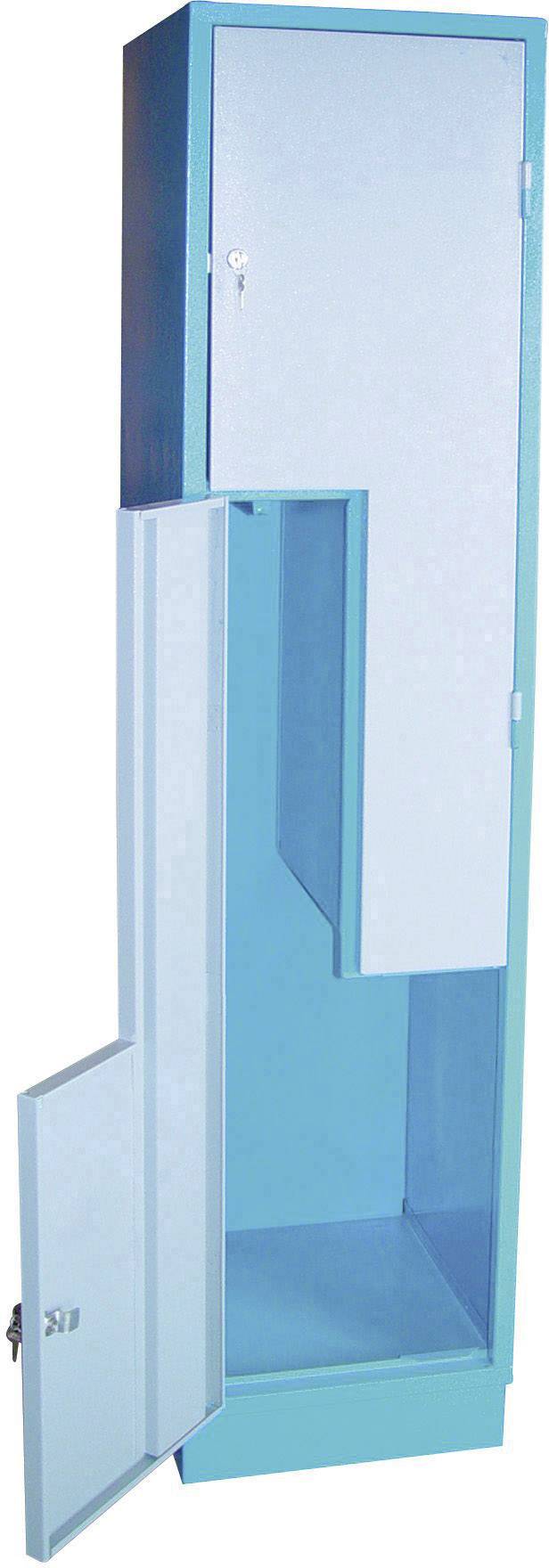 Un casier bleu avec deux portes ouvertes. La porte supérieure montre un petit compartiment, la porte inférieure mène à un compartiment plus grand.