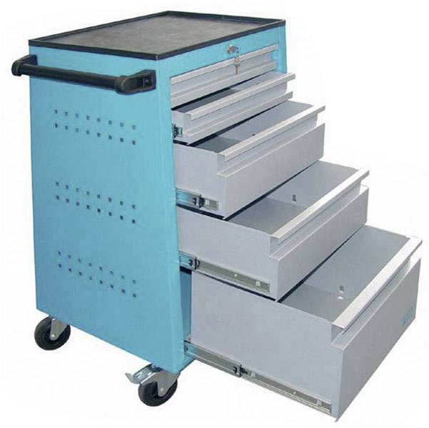 Une boîte à outils bleue avec cinq tiroirs ouverts et des roulettes à la base. Idéale pour le rangement des outils.