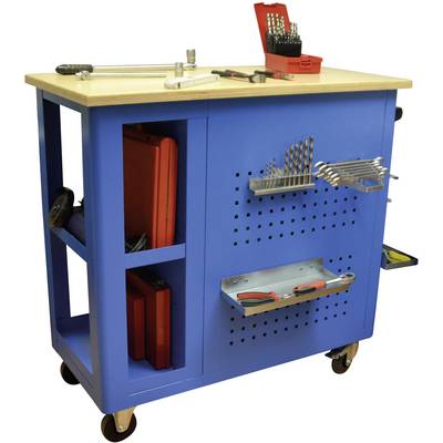 Chariot à outils bleu avec plan de travail, équipé d'outils et d'accessoires tels que des forets, des tournevis et des boîtes de rangement rouges.