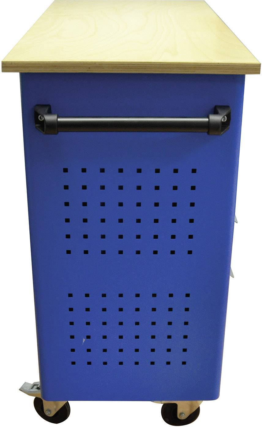 Un conteneur mobile bleu avec un plateau en bois sur le dessus. Un poignée se trouve sur le côté pour le pousser.