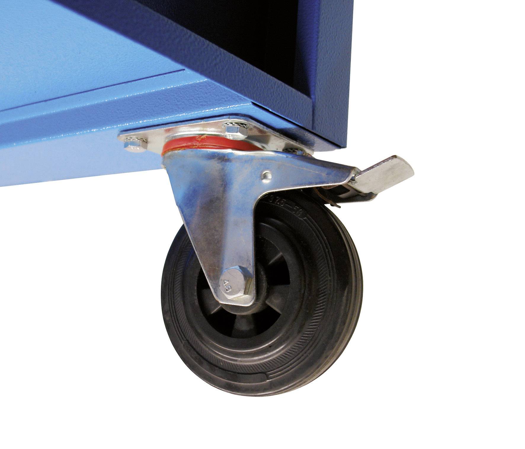 Gros plan sur une roulette de meuble verrouillable sur un caisson métallique bleu.
