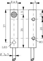 Dessin technique d'un éclairage LED avec dimensions : longueur 37 mm, largeur 8 mm, deux points de fixation, diamètre M3.