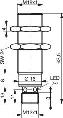Dessin technique d'un composant cylindrique avec les dimensions suivantes : longueur 88,5, diamètre 18, filetage M12x1. Contient un marquage LED (4g).