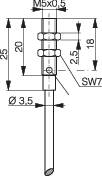 Dessin technique d'un composant avec dimensions : Filetage M5x0,5, longueur totale 25 mm, diamètre 3,5 mm, entraînement hexagonal SW7, indications de longueur 20 mm, 18 mm, 2,5 mm.