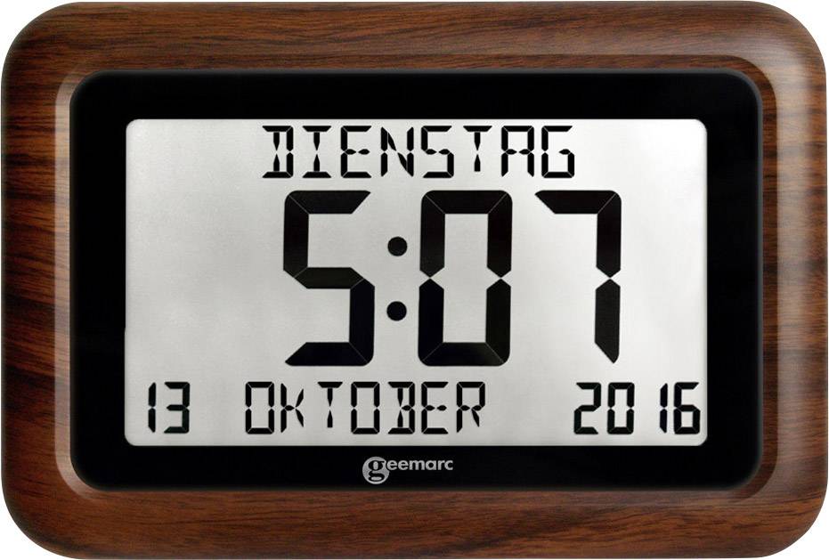 Affichage numérique d'horloge avec un cadre en bois indiquant 'Mardi' et l'heure 5:07. En dessous, la date '13 octobre 2016'.