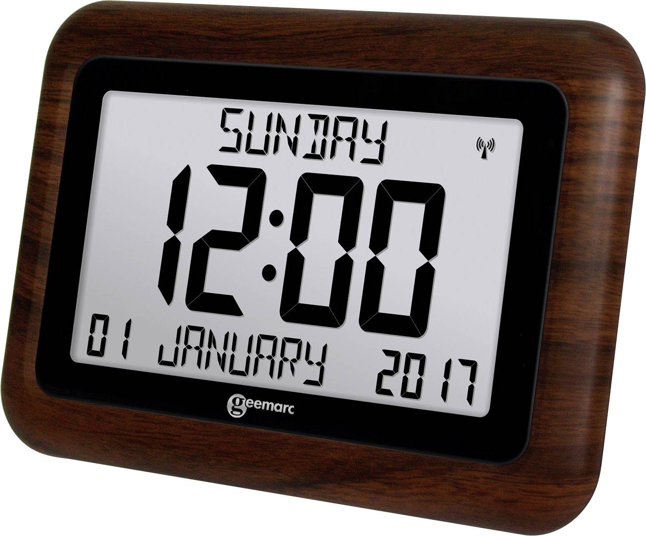 Horloge numérique affichant 'Dimanche, 12:00, 1er janvier 2017'. Cadre en bois foncé.