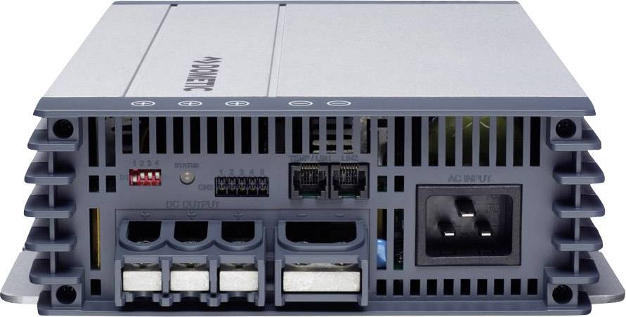 Appareil électrique gris avec plusieurs connexions sur la façade avant. Il présente une structure avec des fentes de ventilation et une prise secteur.