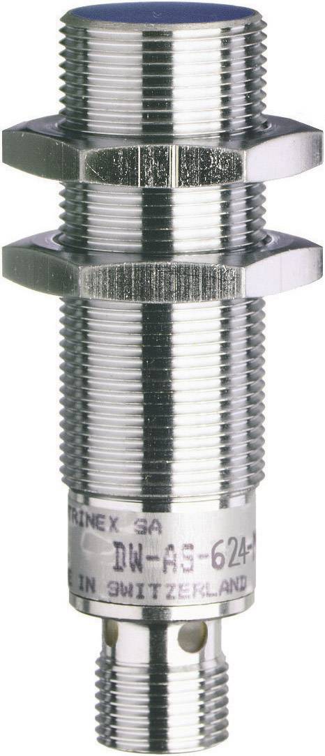 Capteur inductif cylindrique en métal avec filetage et connexion électrique, fabriqué en Suisse.