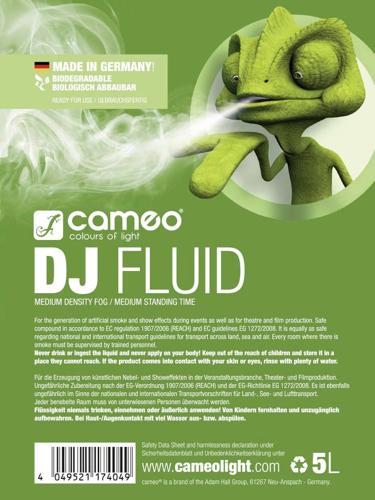 'Caméléon vert sur l'étiquette de Fog Fluid. Contient des informations sur la biodégradabilité et les spécifications du produit. 5 litres.'