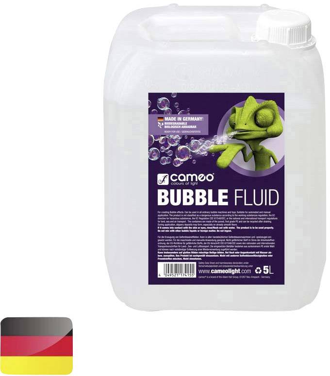 Bidon de 5 litres de liquide à bulles Cameo, adapté aux machines à bulles de savon. L'étiquette présente un caméléon animé.