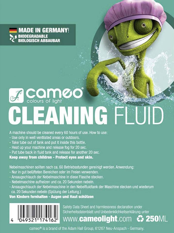 Liquide de nettoyage de Cameo 'Cleaning Fluid', fabriqué en Allemagne, 250 ml. Avertissement : Tenir hors de portée des enfants, protéger les yeux et la peau.