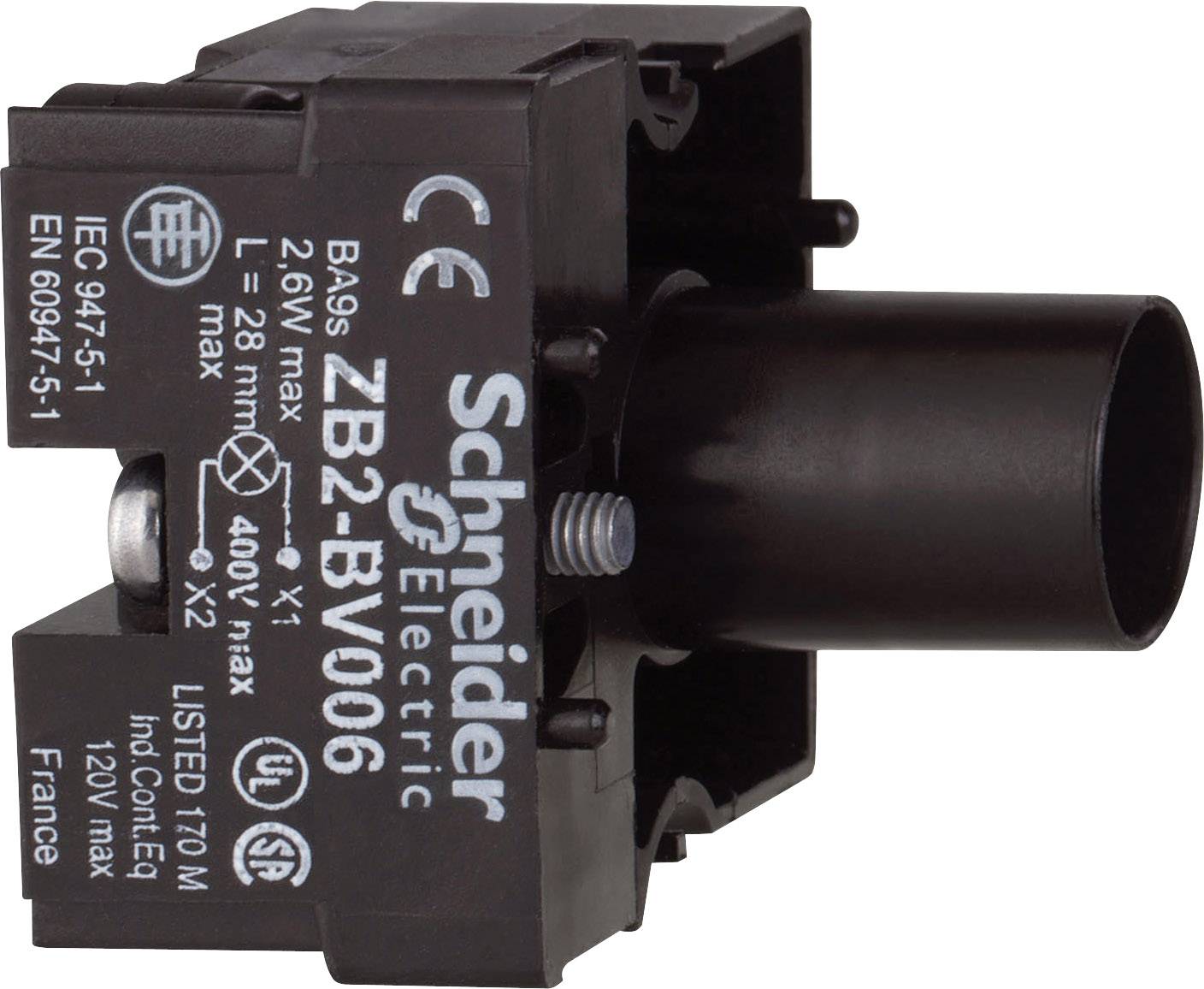 'Schneider Electric ZB2-BV006' bouton noir, 400V, 10A, sur boîtier noir avec spécifications techniques telles que IEC-947-5-1.