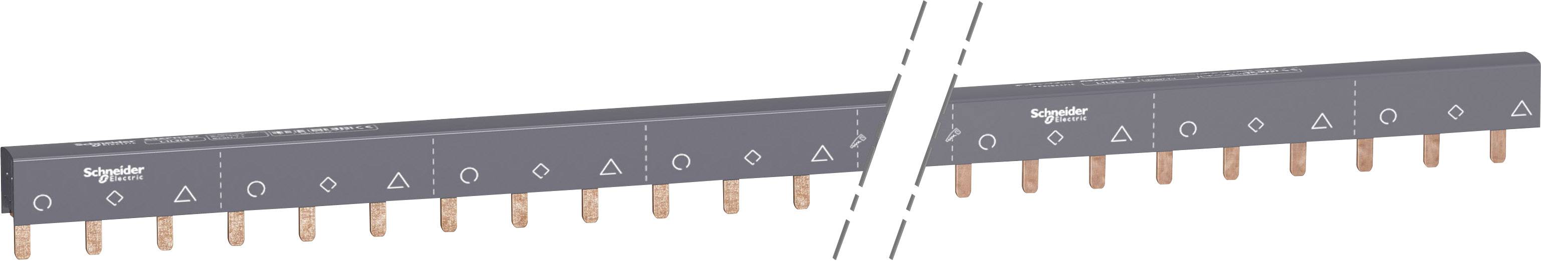 Rail de distribution électrique de 'Schneider Electric' avec 12 bornes en cuivre et une ligne de séparation au milieu.