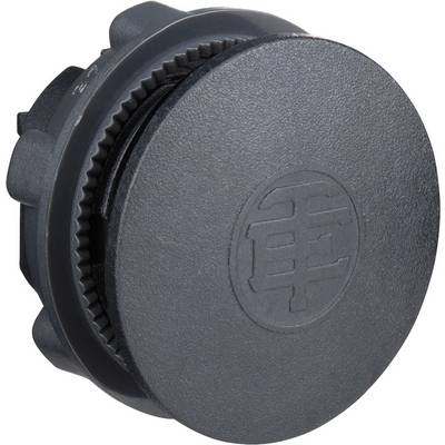 Bouchon à vis en plastique noir avec bord strié et logo au centre.