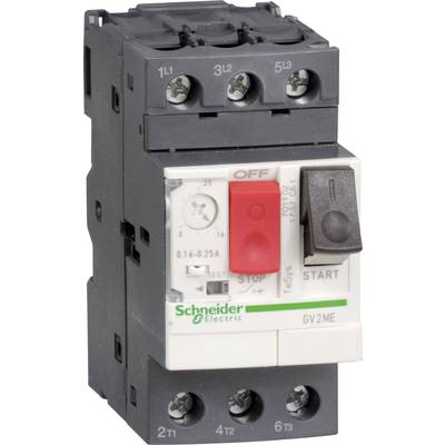 Un disjoncteur électrique de Schneider Electric avec interrupteur marche/arrêt et étiquettes.