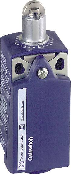 Un interrupteur de sécurité bleu Telemecanique avec un bouton de commande argenté et des trous de fixation latéraux. Inscription : 'OsiSwitch'.