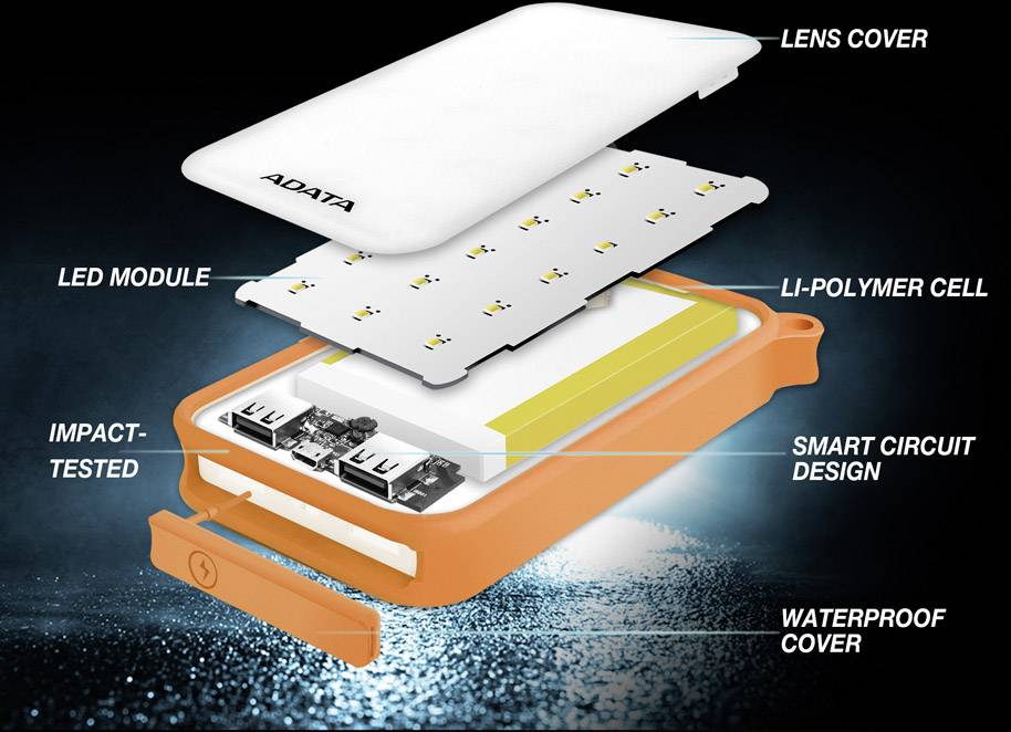 ADATA D8000L Powerbank (batterie supplémentaire) 8000 mAh LiPo USB-A, Micro USB orange Lampe de poche-8