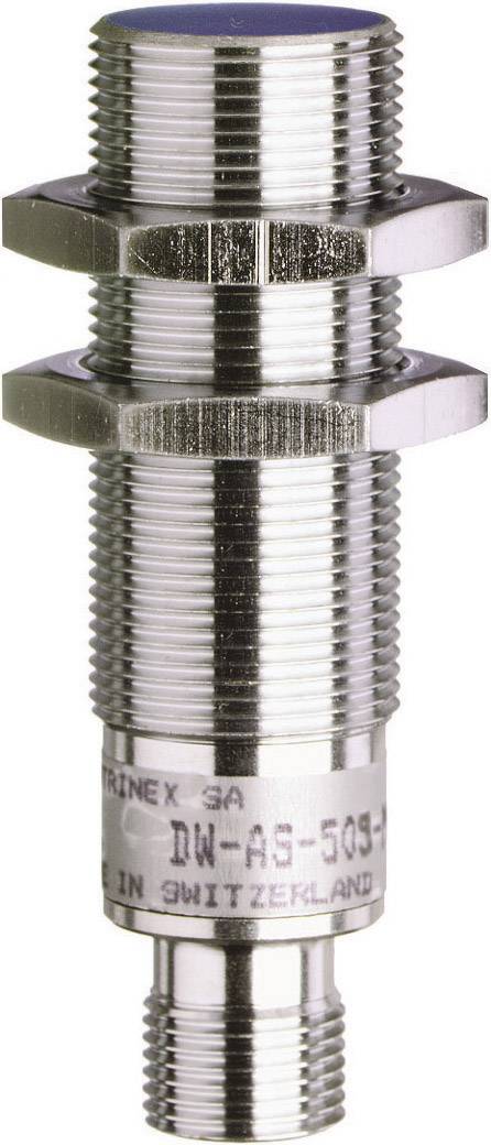 Un capteur de proximité cylindrique métallique portant l'inscription 'DW-AS-509-M5'. Fabriqué en Suisse.