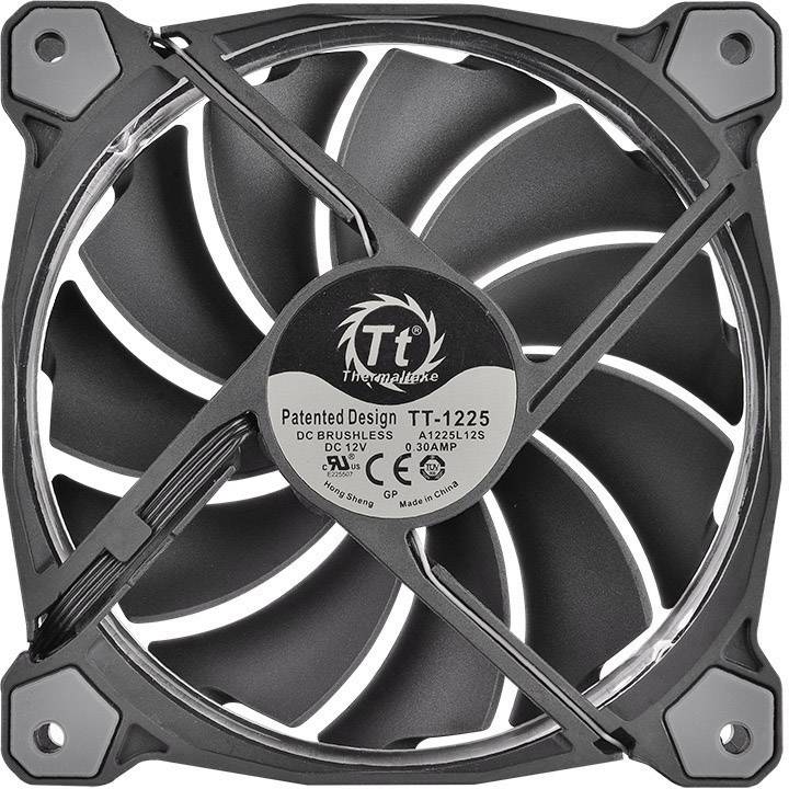 Un ventilateur d'ordinateur noir de Thermaltake, modèle TT-1225, avec 12V DC, un design breveté et une puissance de 0,30A.
