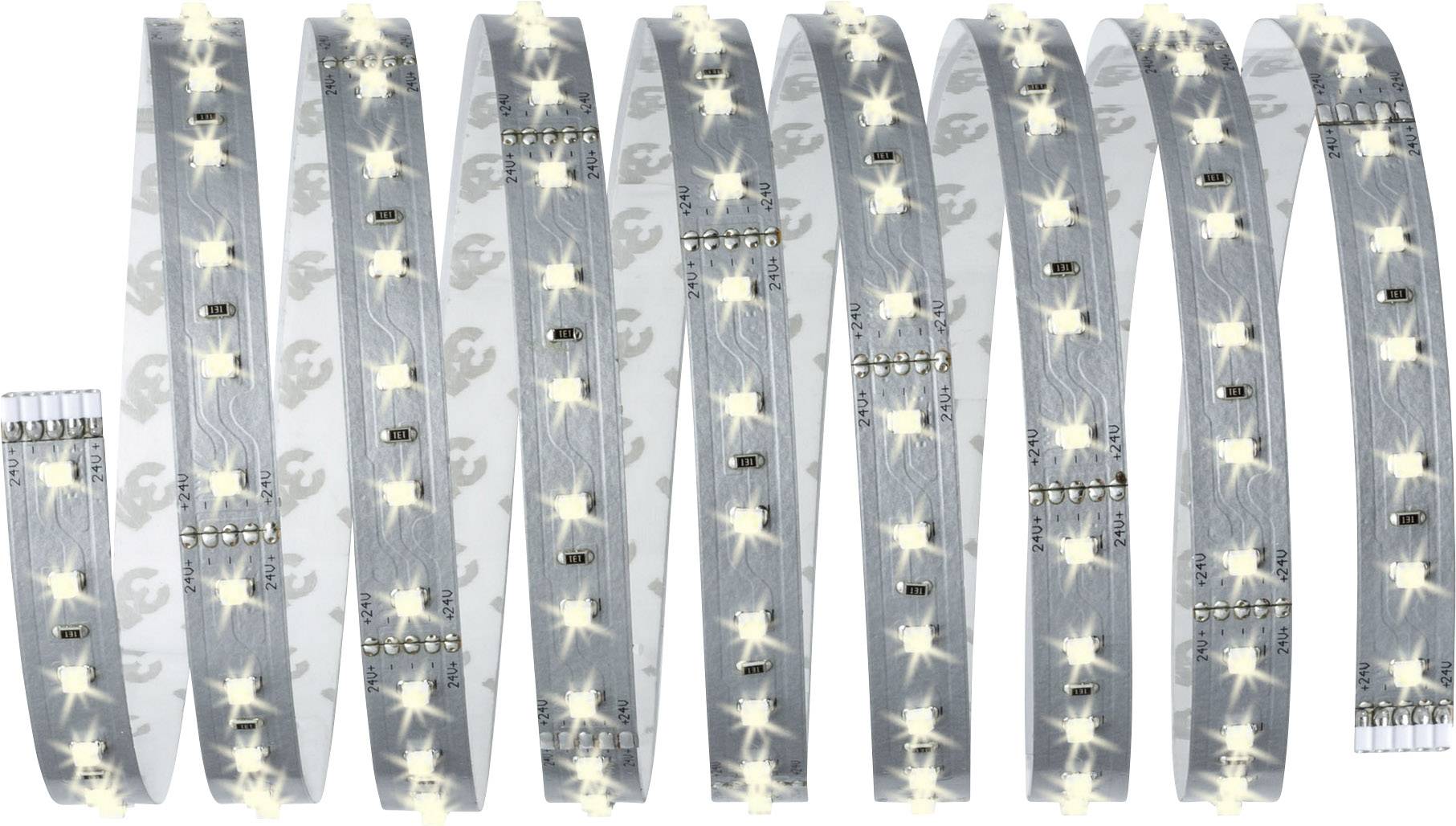 Une bande de lumière LED blanche avec des diodes lumineuses, déroulée en douces courbes.