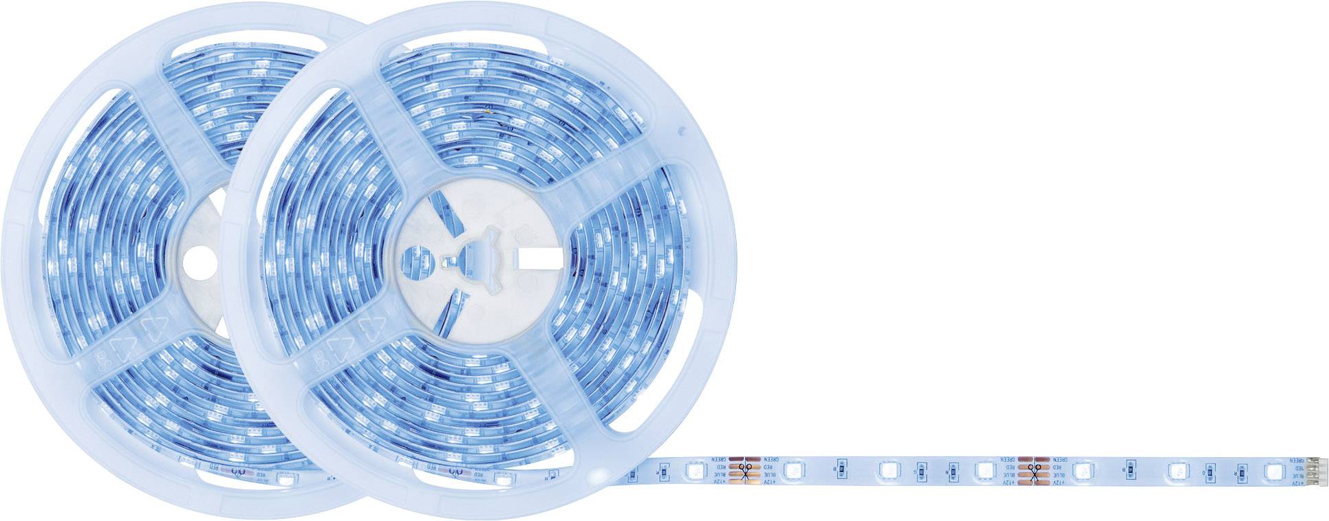 Deux rouleaux de bandes LED bleues sur un fond blanc, déroulés vers la droite. Les bandes sont illuminées en bleu et présentent des LED uniformément réparties.