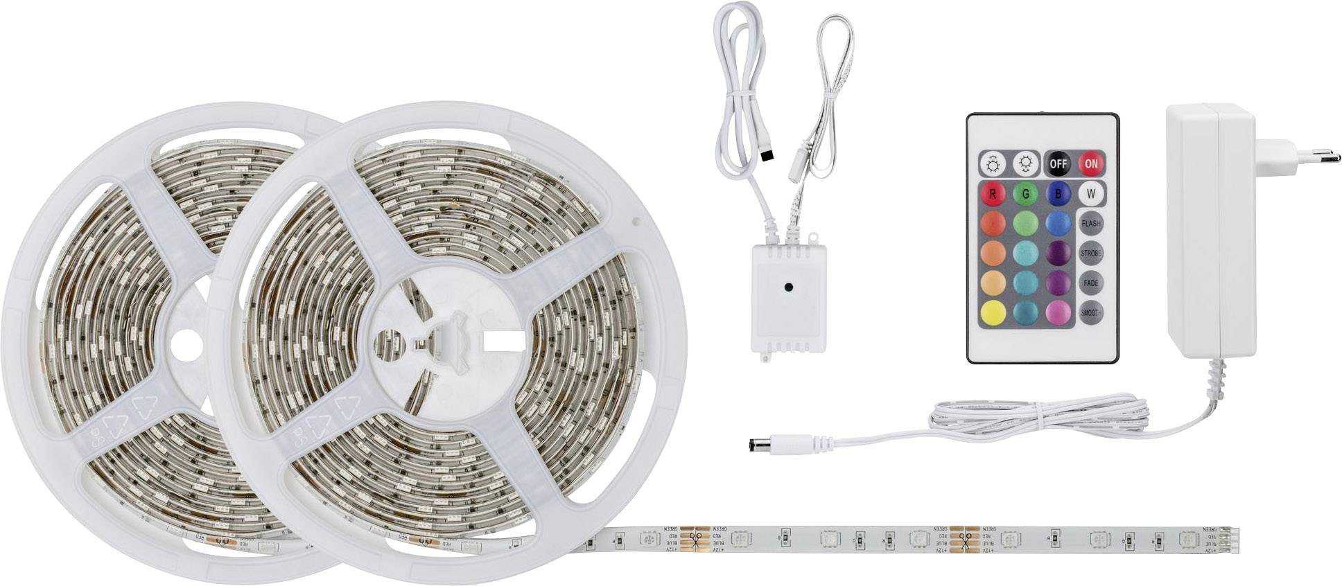 Kit de bande lumineuse LED avec télécommande et alimentation. Deux rouleaux de bandes LED, câbles et boîtier de commande sont représentés.