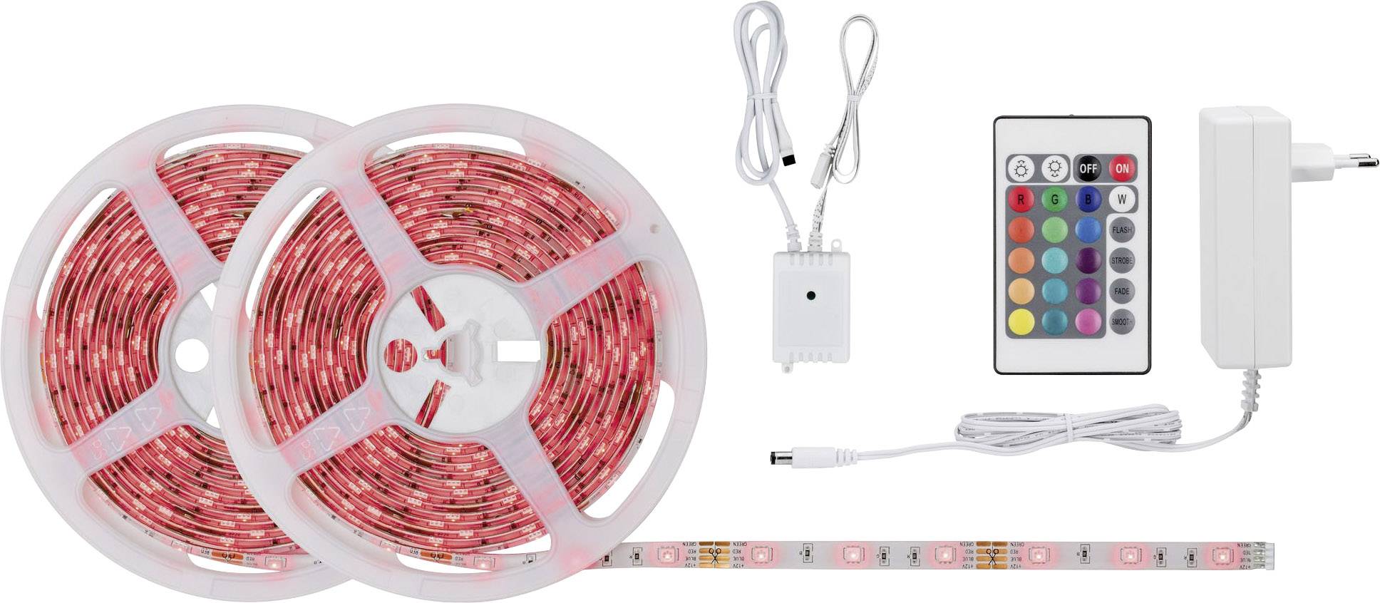Ensemble de bandes lumineuses LED avec deux rouleaux, télécommande, alimentation et boîtier de contrôle. Idéal pour un éclairage personnalisable.