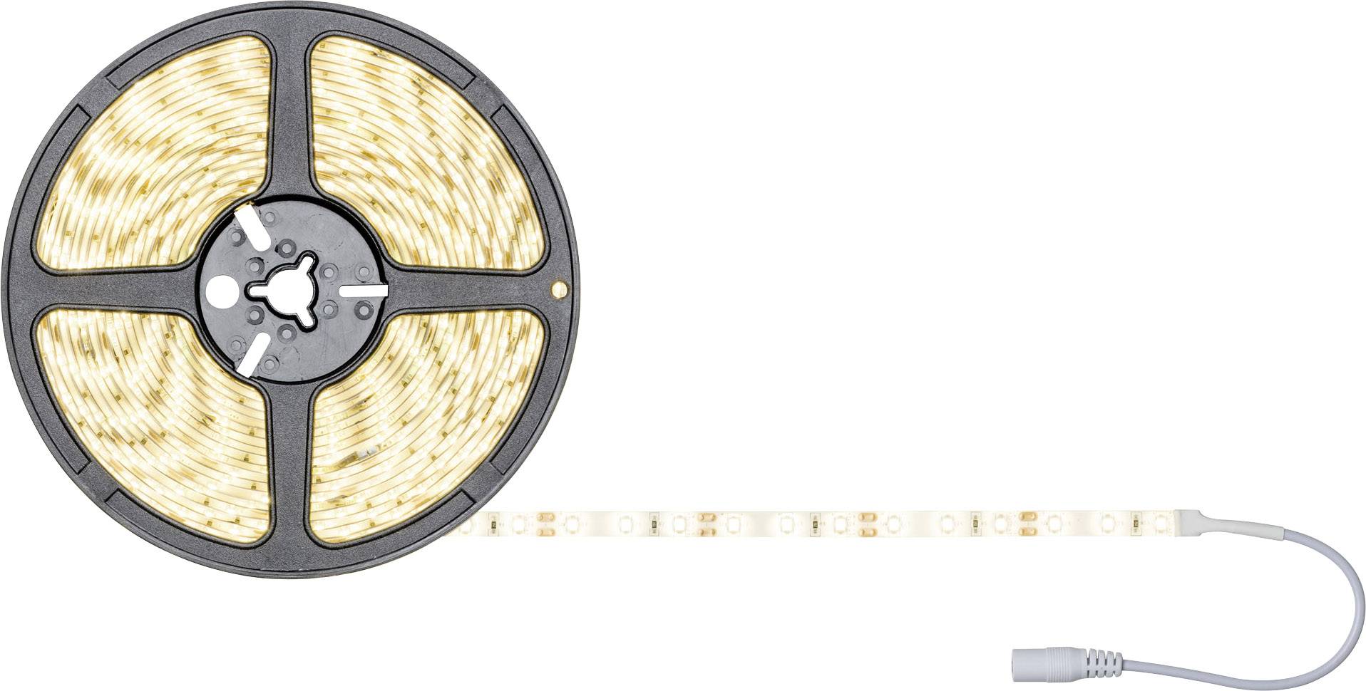 Rouleau de bande lumineuse LED à lumière blanche chaude, partiellement déroulé avec un câble de connexion gris sur la droite. Idéal pour un éclairage décoratif.