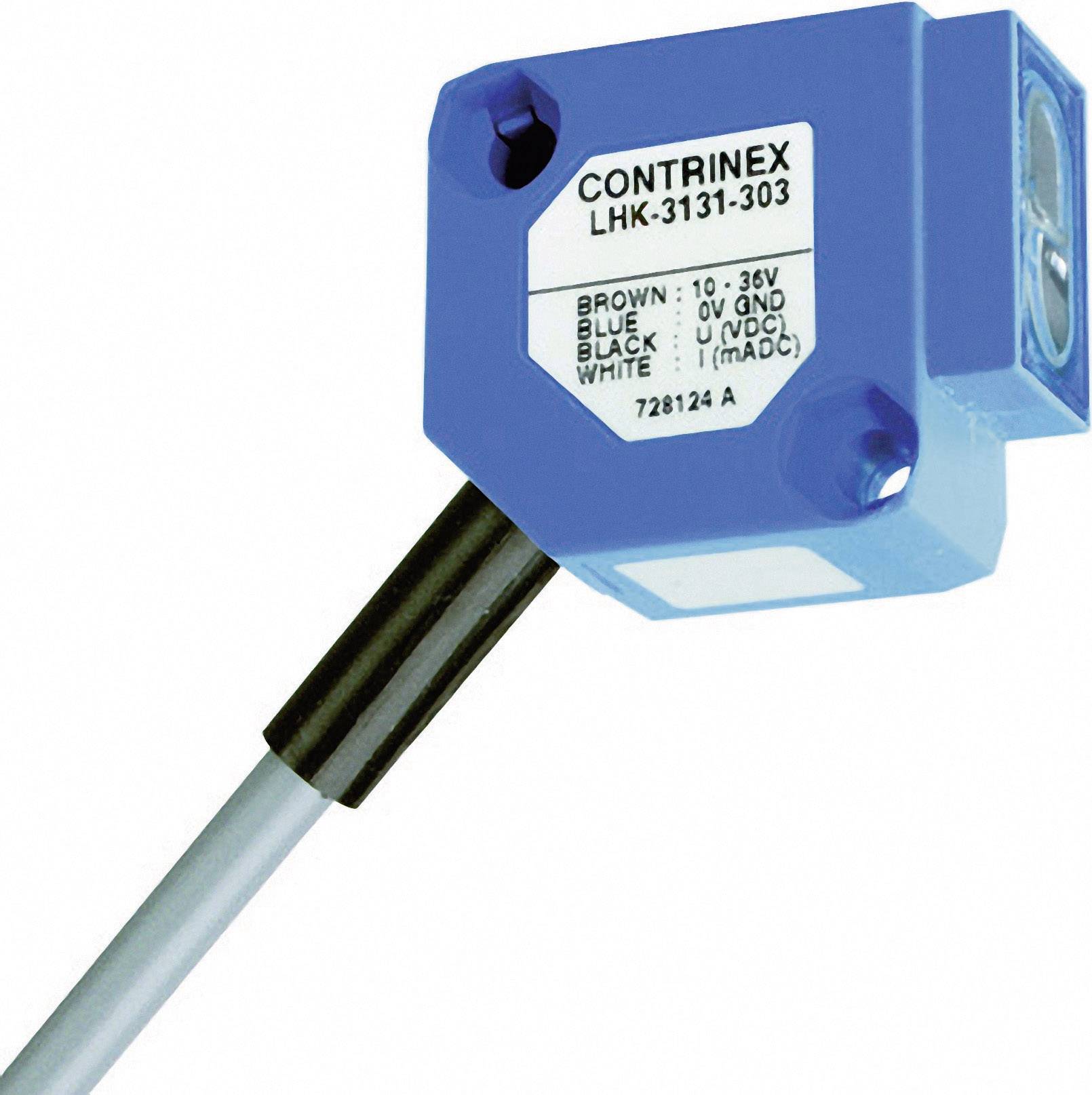 Un capteur électronique bleu avec un câble ; l'étiquette indique les affectations de tension et de couleur : Marron, Bleu, Noir, Blanc.