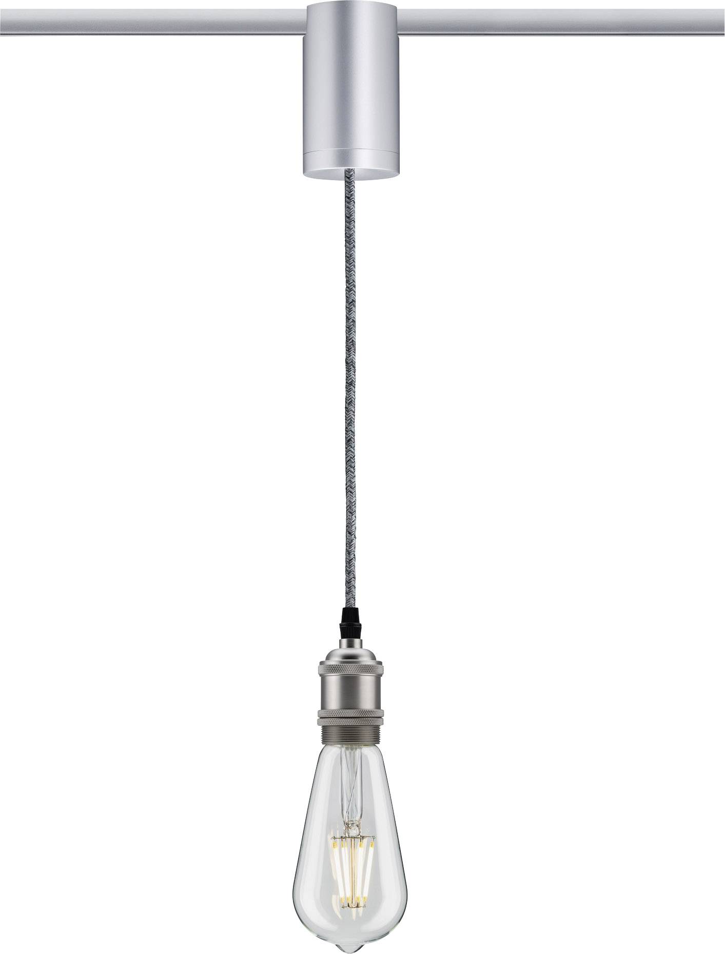 'Ampoule suspendue à un câble argenté depuis un luminaire. Design rétro avec un fil en spirale apparent, support moderne argenté.'