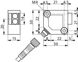 Dessin technique d'un capteur rectangulaire avec dimensions en millimètres. Présente les vues de face, de côté et la position du connecteur.