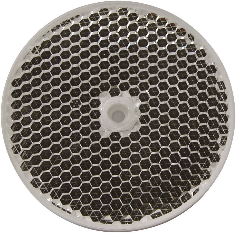Réflecteur de sécurité circulaire à motif hexagonal, qui réfléchit la lumière sous différents angles pour améliorer la visibilité.