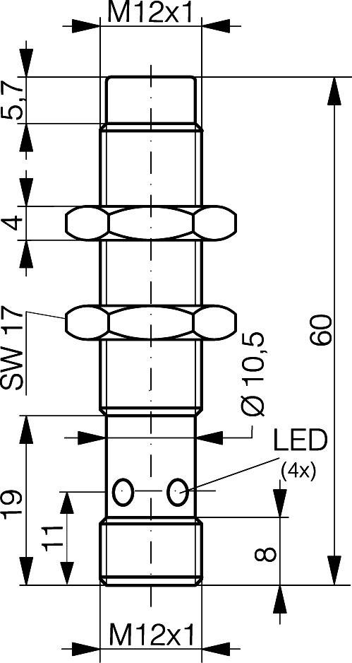 Dessin technique d'un composant cylindrique avec filetages M12x1 en haut et en bas, longueur 60 mm, 4 LED marquées, diamètre 10,5 mm.