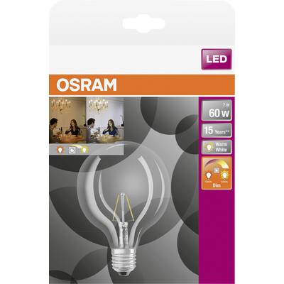 Lampe LED dans un carton Osram : 7 watts, remplace 60 watts, lumière blanc chaud, variable. L'emballage présente la lampe et deux personnes assises.