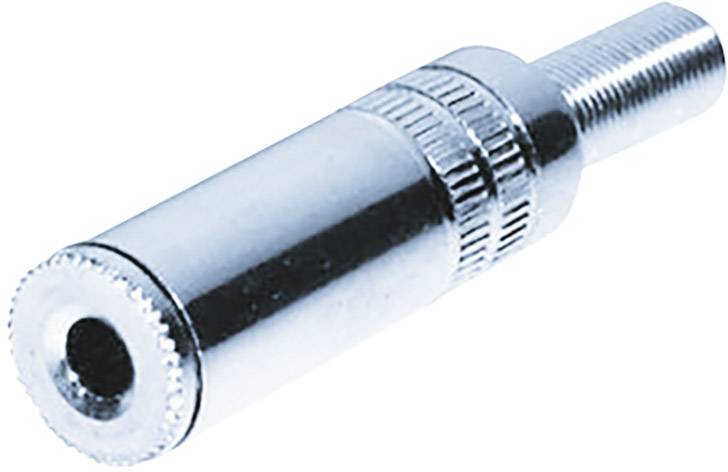 Connecteur jack métallique de 3,5 mm, brillant, avec zone de préhension striée, vue diagonale.