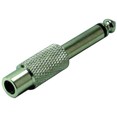 Un adaptateur métallique avec une fiche jack mono 6,35 mm vers une prise jack 3,5 mm, couramment utilisé dans les équipements audio.