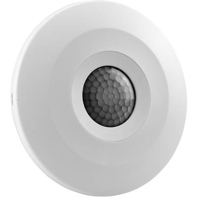 Un détecteur de mouvement rond avec un motif en nid d'abeille au centre, monté sur une surface blanche. Adapté pour une installation au plafond.
