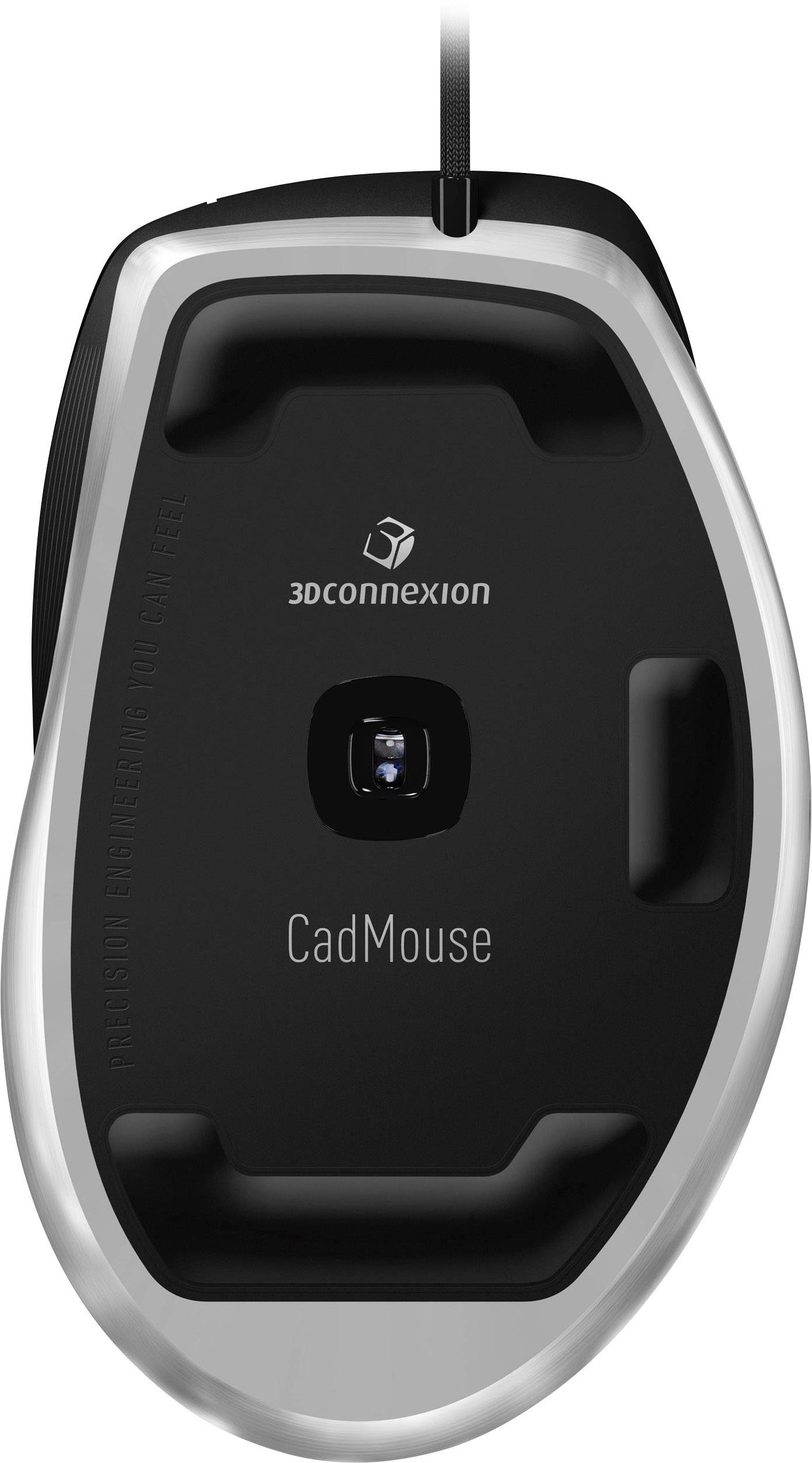 Souris d'ordinateur noire vue du dessous avec le logo '3Dconnexion' et l'inscription 'CadMouse'. Capteur visible au centre.