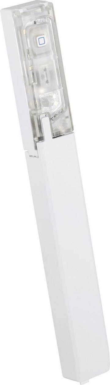 Stylo électronique blanc et allongé avec un embout buccal transparent.