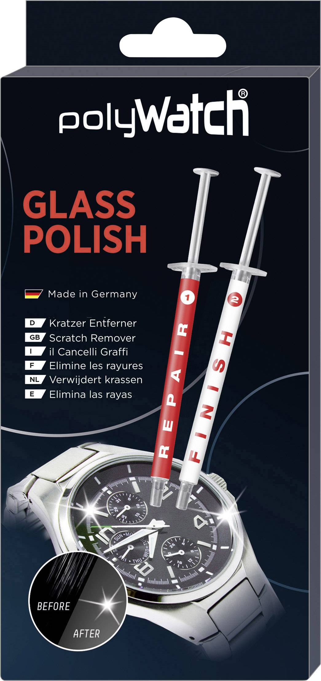 Emballage de 'polyWatch Polish pour verre'-Verpackung avec deux seringues pour la réparation et la finition des verres de montre. Contient une image avant-après.