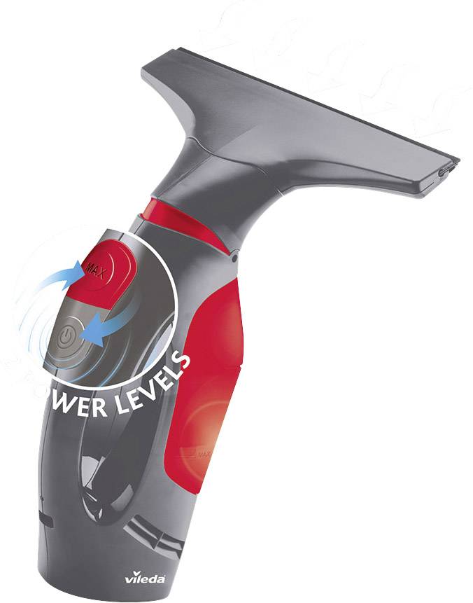 Aspirateur pulvérisateur en gris et rouge, avec interrupteur de niveaux de puissance et tête de récurage, adapté au nettoyage des vitres.