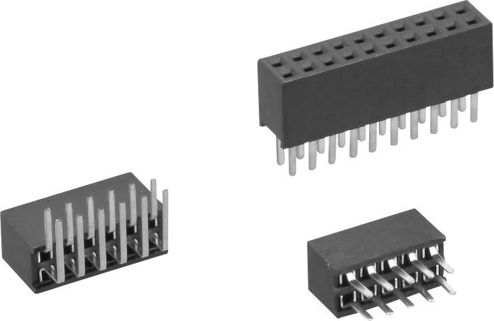 Trois types de connecteurs pour applications électroniques : une barrette femelle à 16 broches, une barrette femelle à 10 broches et une barrette femelle à 6 broches.